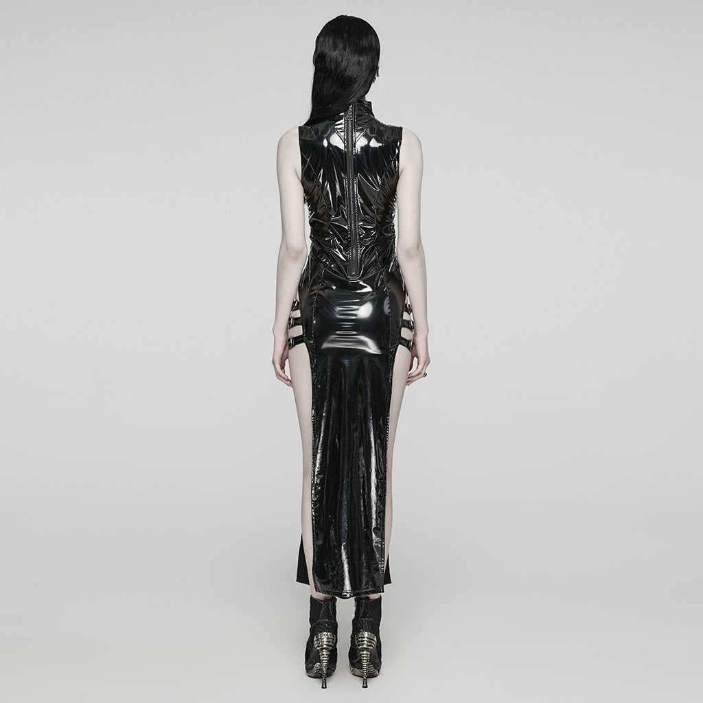 WQ-678LQF Glossy black Gothic Punk Slit Maxi Dress?-??Punk Rave Clothing