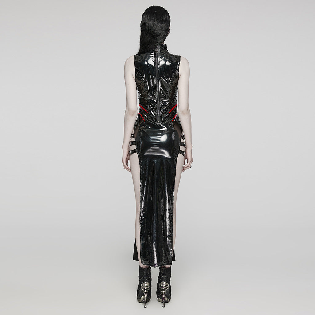 WQ-678LQF Glossy black Gothic Punk Slit Maxi Dress?-??Punk Rave Clothing