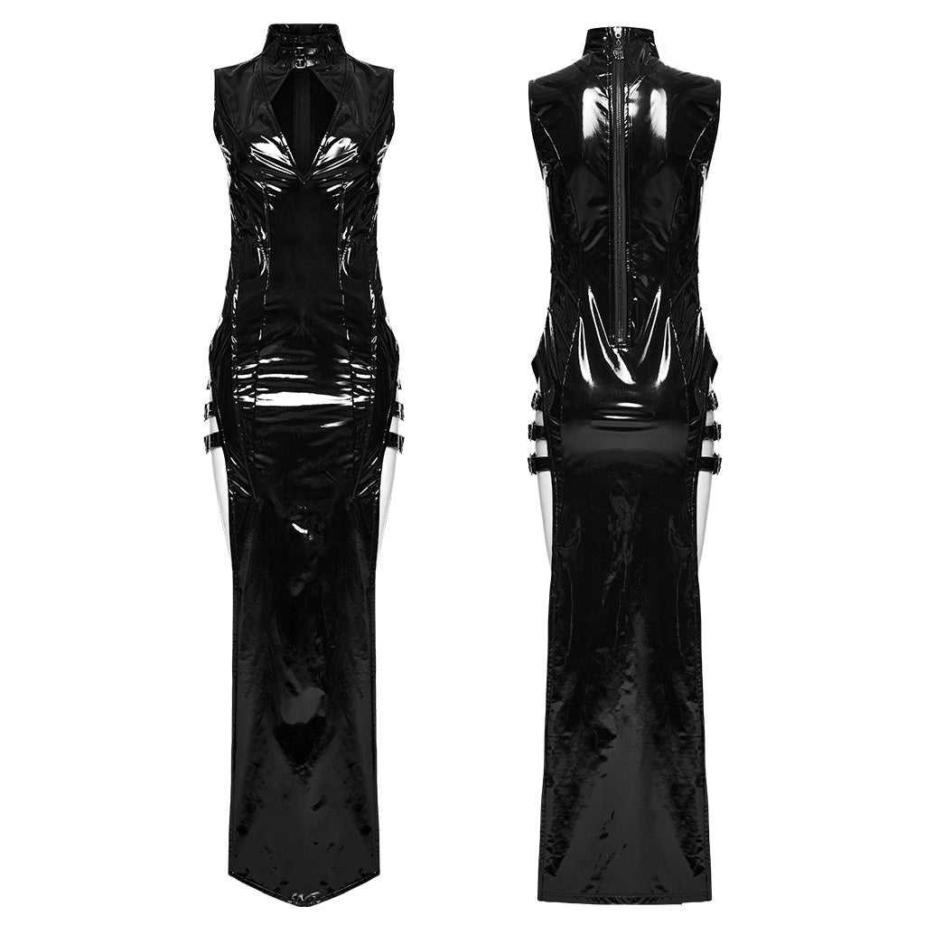 WQ-678LQF Glossy black Gothic Punk Slit Maxi Dress?-??Punk Rave Clothing