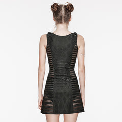 WQ-680LQF Edgy black V-Neck Punk Dress with Lace Details