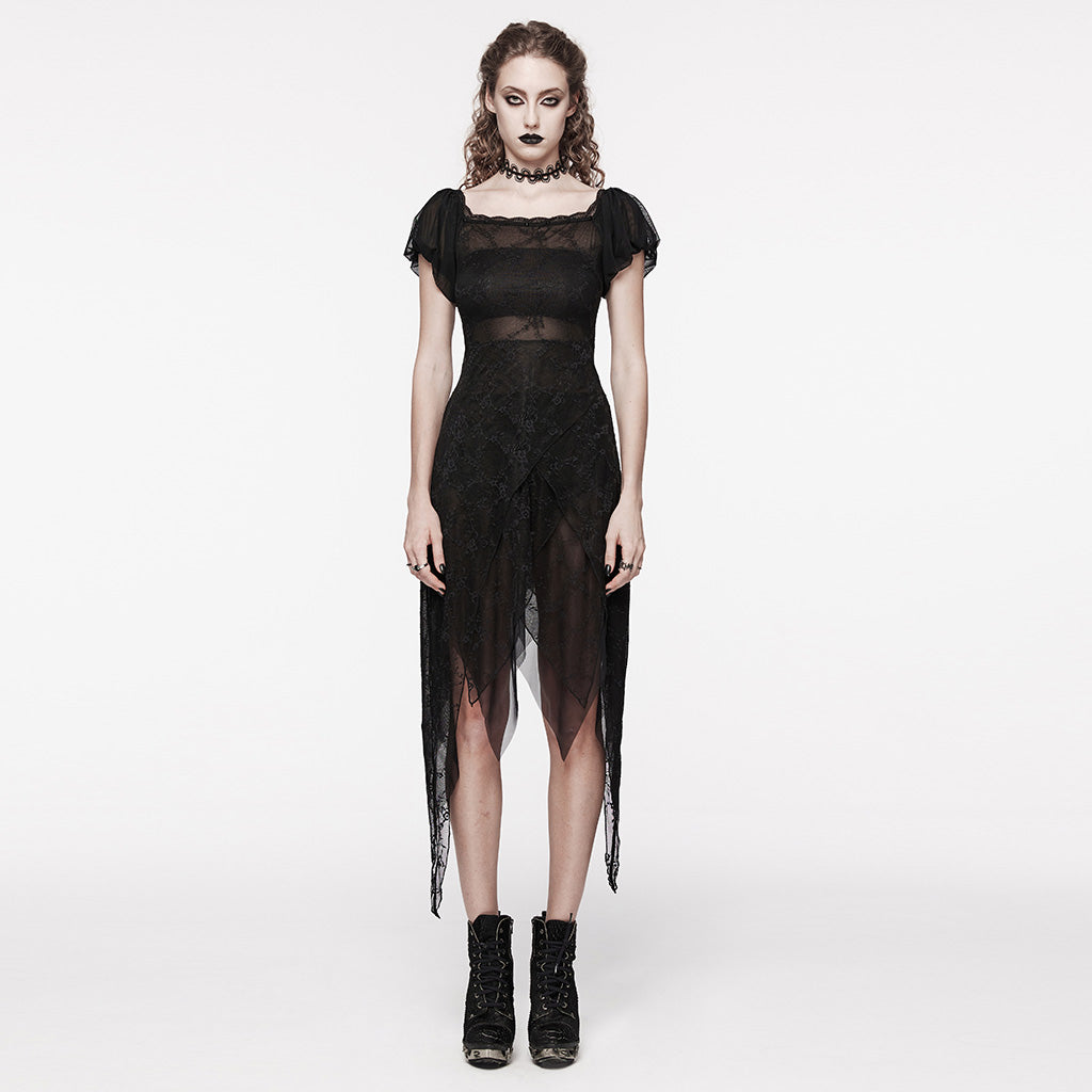 WQ-681LQF Elegant black Lace Asymmetrical Gothic Dress with Sheer Overlay?-??Punk Rave Clothing