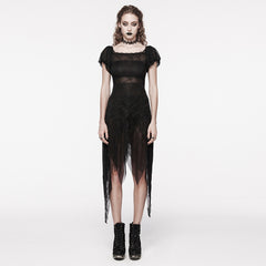 WQ-681LQF Elegant black Lace Asymmetrical Gothic Dress with Sheer Overlay