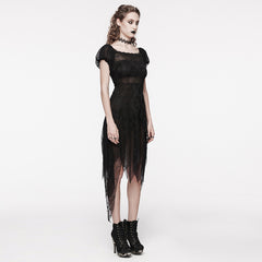 WQ-681LQF Elegant black Lace Asymmetrical Gothic Dress with Sheer Overlay