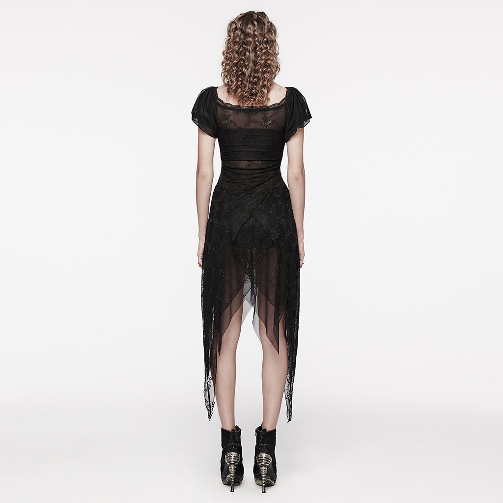 WQ-681LQF Elegant black Lace Asymmetrical Gothic Dress with Sheer Overlay?-??Punk Rave Clothing