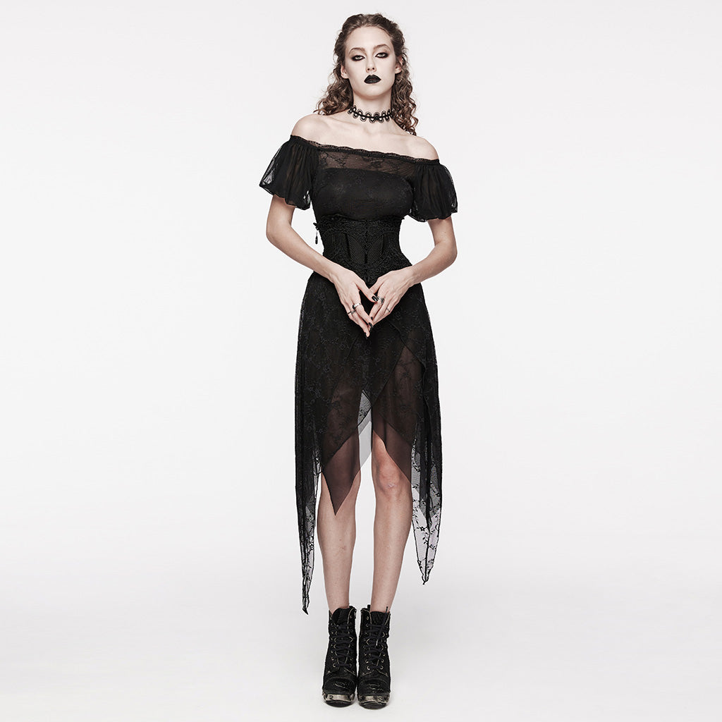 WQ-681LQF Elegant black Lace Asymmetrical Gothic Dress with Sheer Overlay