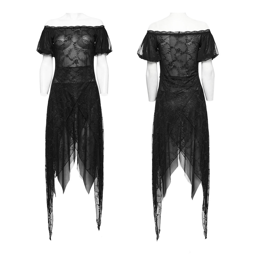 WQ-681LQF Elegant black Lace Asymmetrical Gothic Dress with Sheer Overlay