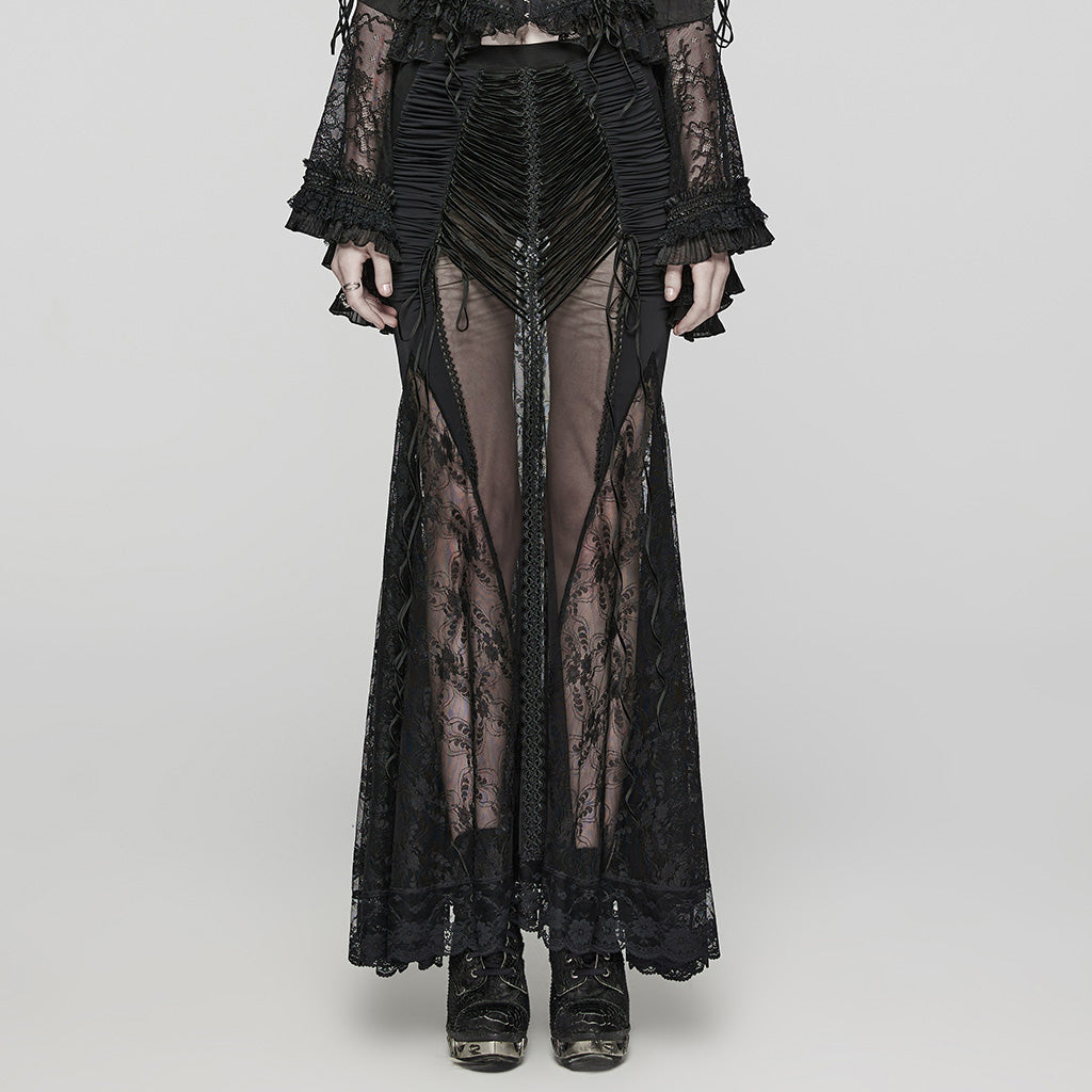 WQ-682BQF Sheer Gothic Lace Maxi Skirt with Ruched Velvet Accents?-??Punk Rave Clothing