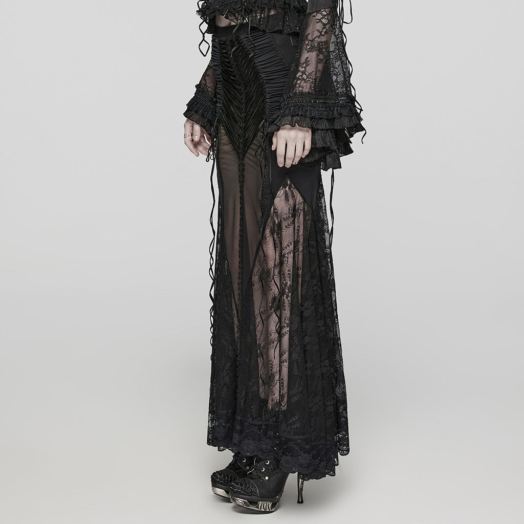 WQ-682BQF Sheer Gothic Lace Maxi Skirt with Ruched Velvet Accents?-??Punk Rave Clothing