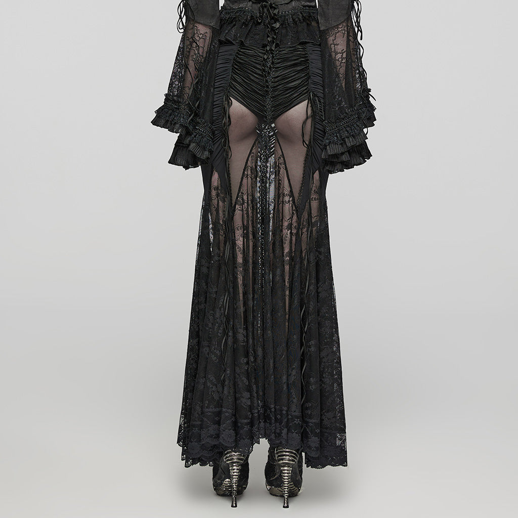 WQ-682BQF Sheer Gothic Lace Maxi Skirt with Ruched Velvet Accents?-??Punk Rave Clothing