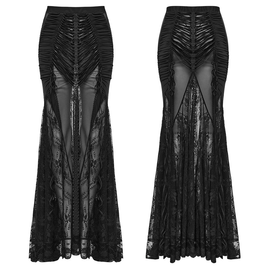 WQ-682BQF Sheer Gothic Lace Maxi Skirt with Ruched Velvet Accents?-??Punk Rave Clothing