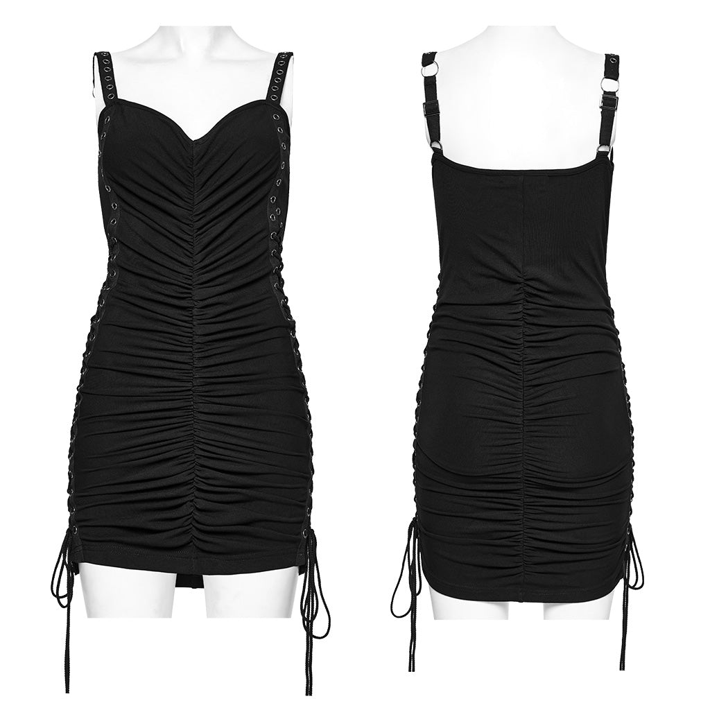 WQ-684LQF Edgy black Ruched Mini Dress with Strap Details?-??Punk Rave Clothing