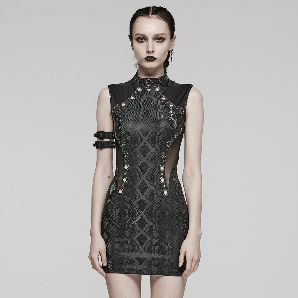 WQ-685LQF Edgy Gothic Sleeveless Dress with Mesh Panels and Rivet Accents