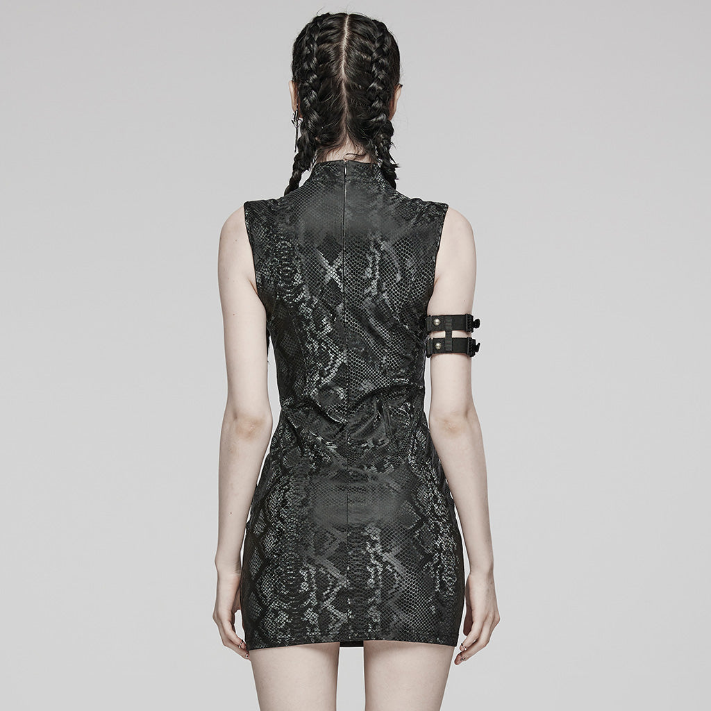 WQ-685LQF Edgy Gothic Sleeveless Dress with Mesh Panels and Rivet Accents