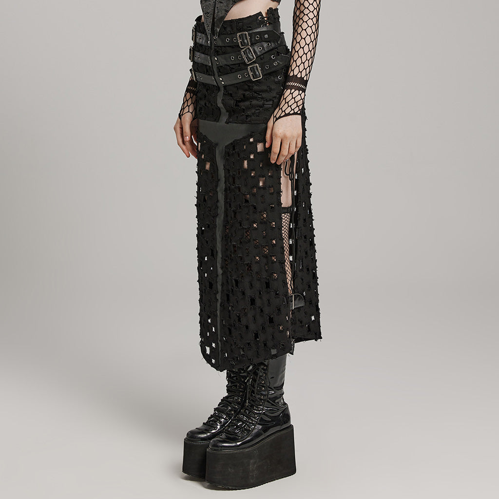 WQ-687BQF Gothic Punk Slit Skirt with Buckle Straps and Cutouts