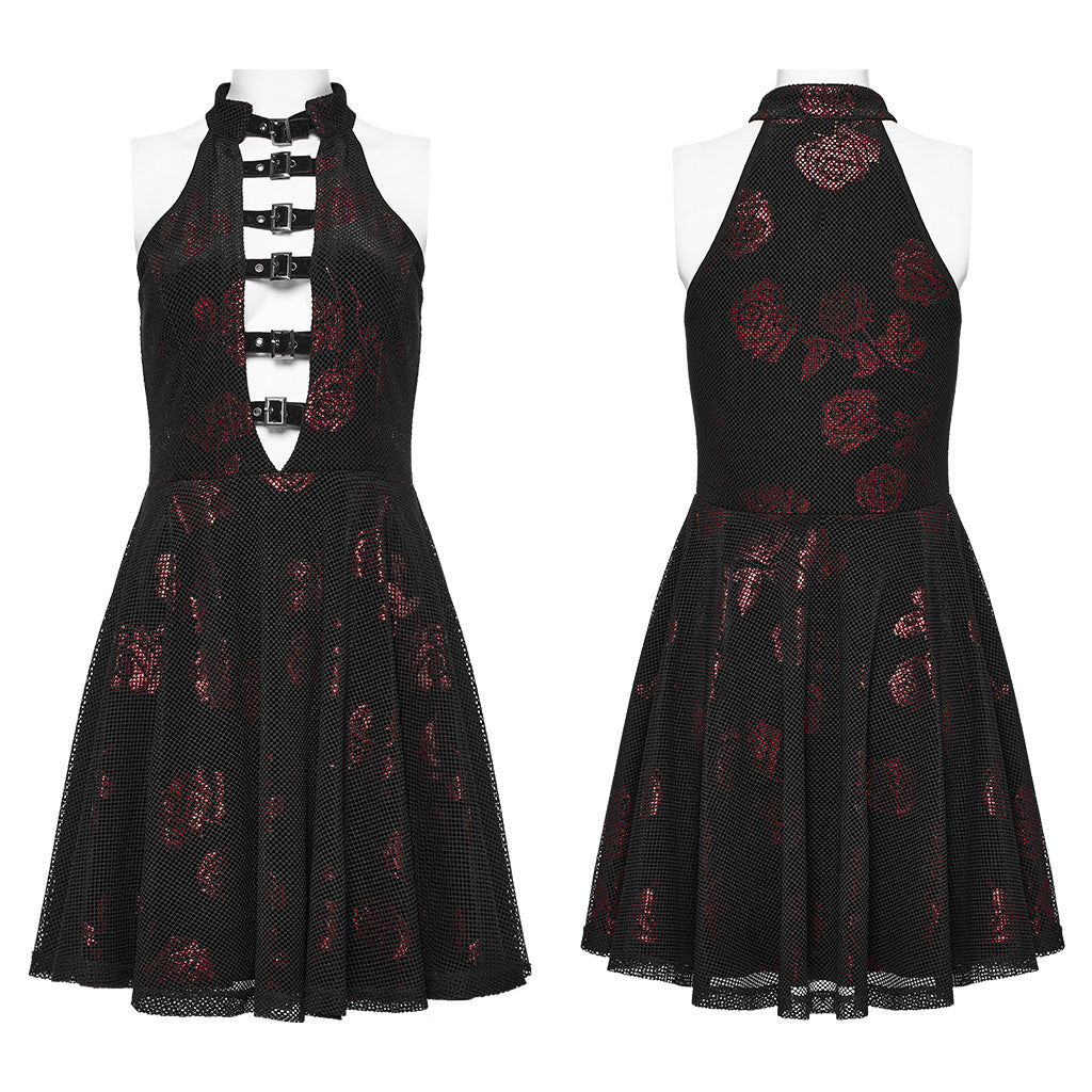 WQ-688LQF Gothic Rose Print Halter Dress Buckle Neckline Mesh Overlay