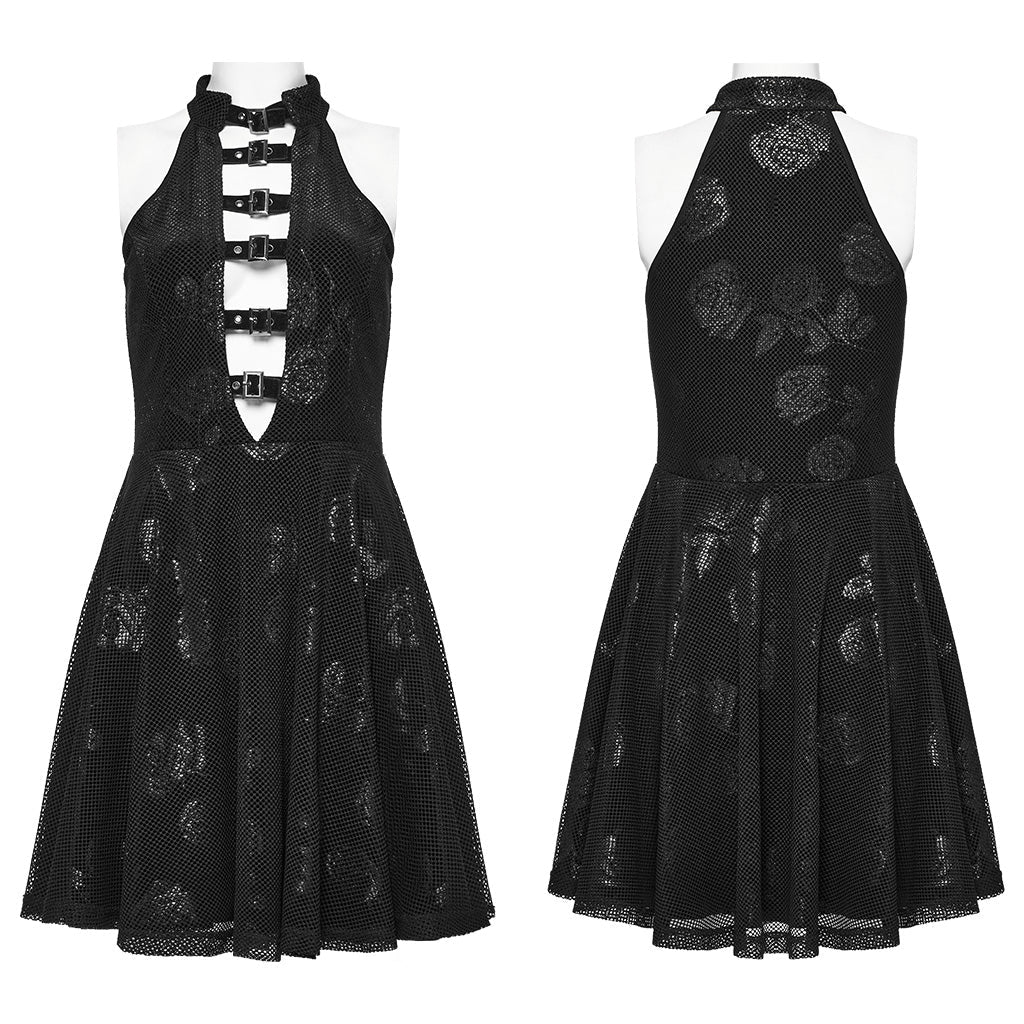 WQ-688LQF Gothic Rose Print Halter Dress Buckle Neckline Mesh Overlay?-??Punk Rave Clothing