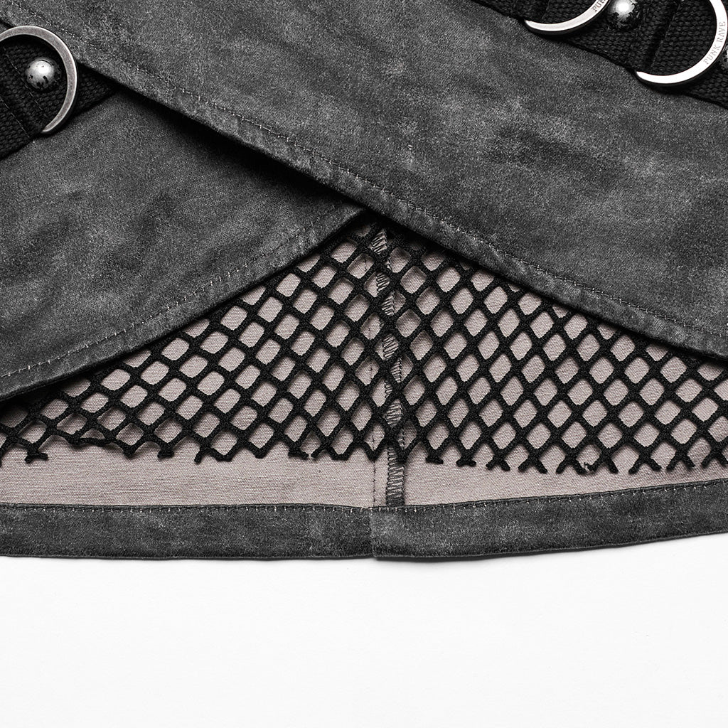 WQ-689BQF Edgy Buckle Fishnet Layered Punk Skirt?-??Punk Rave Clothing