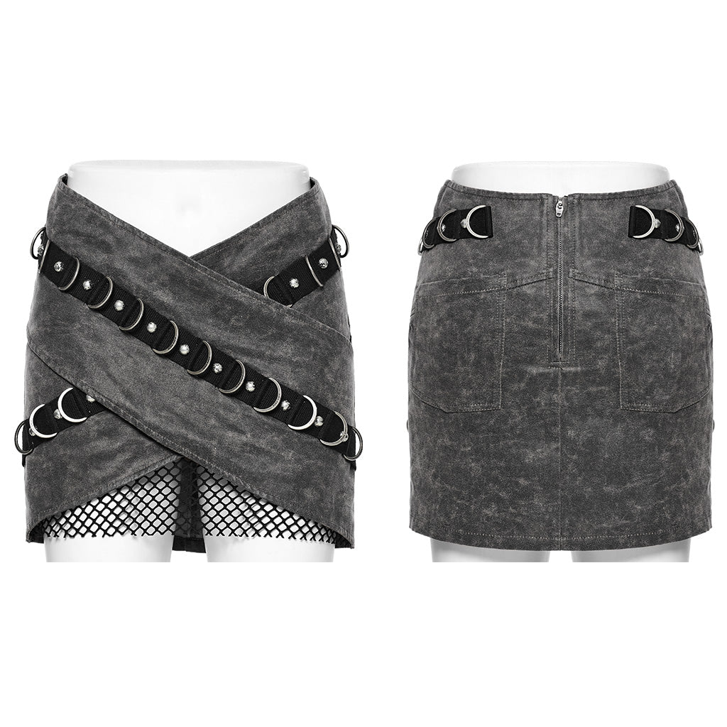 WQ-689BQF Edgy Buckle Fishnet Layered Punk Skirt?-??Punk Rave Clothing