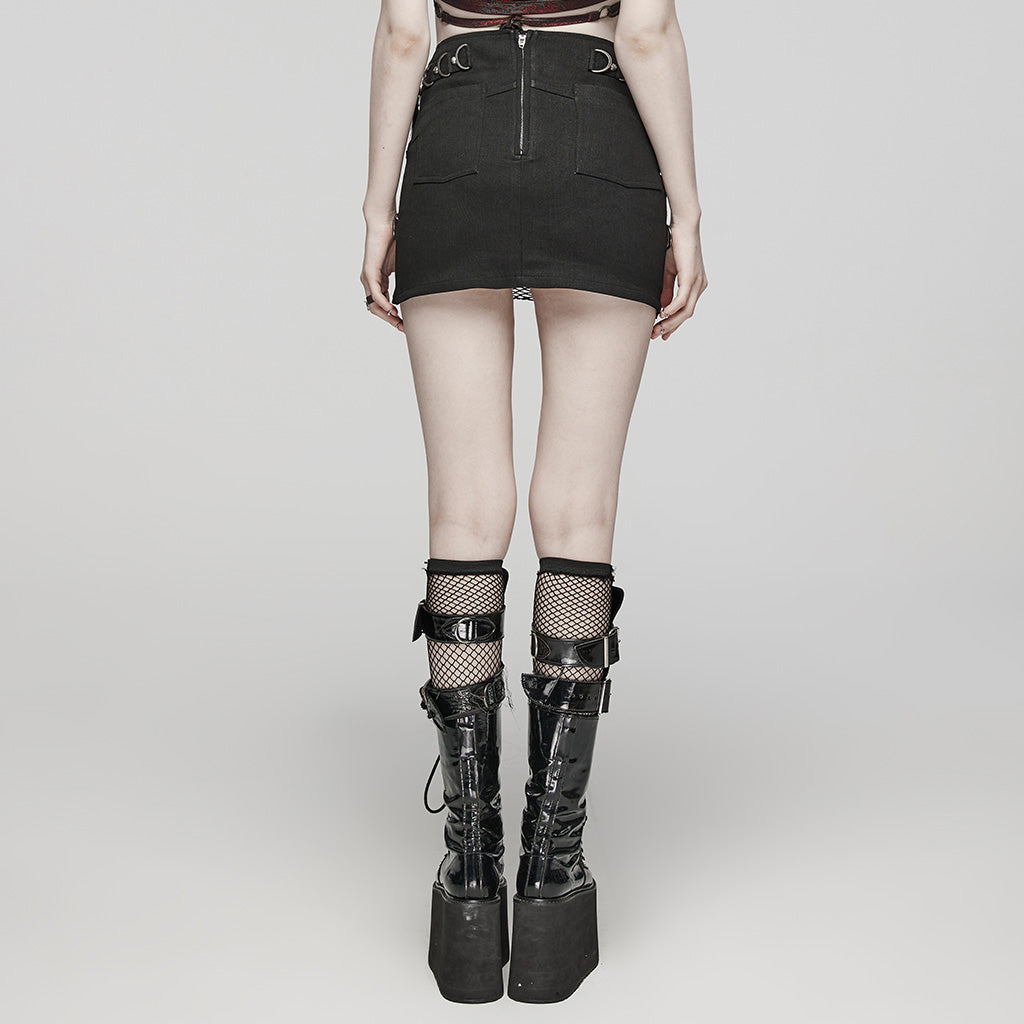 WQ-689BQF Edgy Buckle Fishnet Layered Punk Skirt?-??Punk Rave Clothing