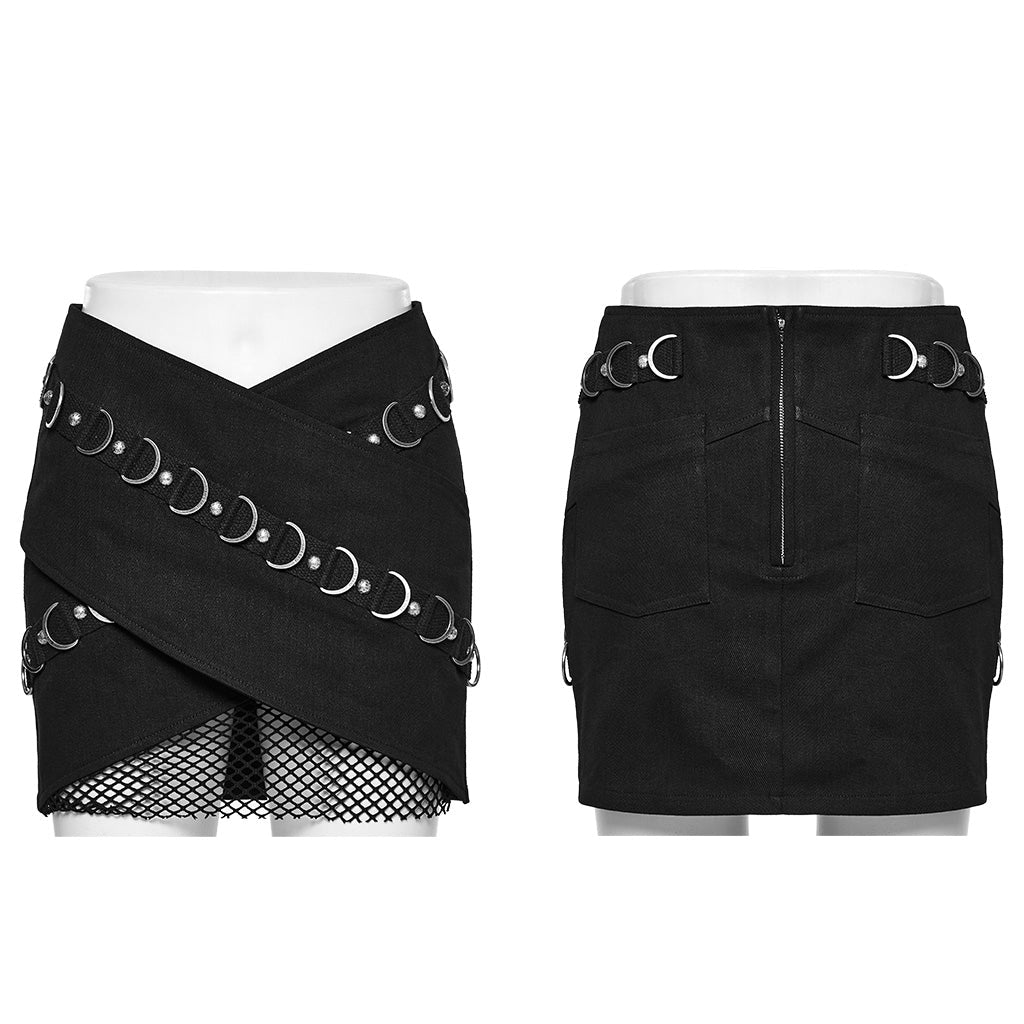 WQ-689BQF Edgy Buckle Fishnet Layered Punk Skirt?-??Punk Rave Clothing