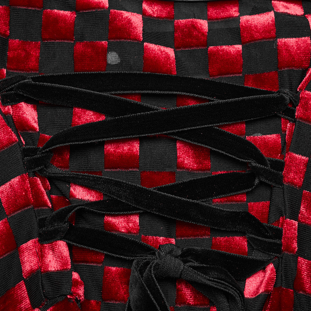 WQ-690LQF Gothic Red Plaid Dress Buckle Details Handkerchief Hem?-??Punk Rave Clothing