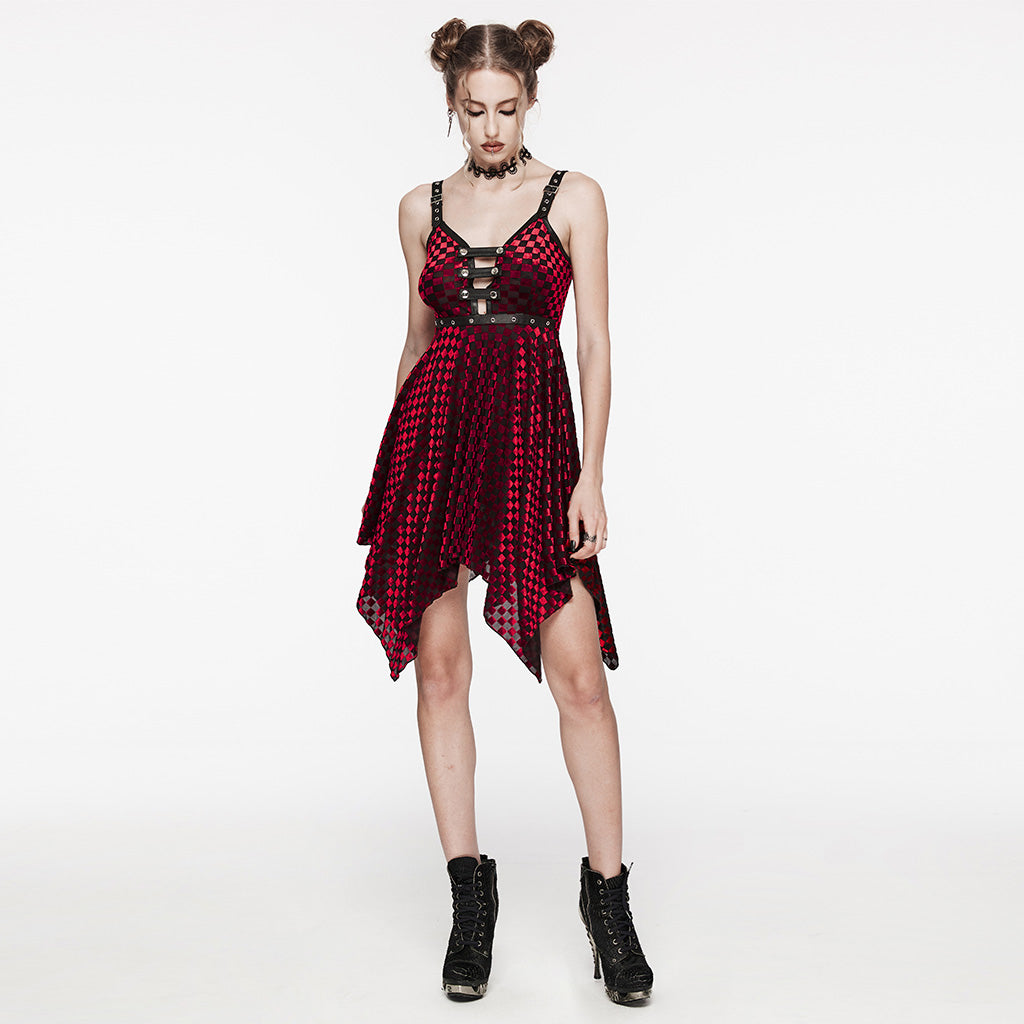 WQ-690LQF Gothic Red Plaid Dress Buckle Details Handkerchief Hem?-??Punk Rave Clothing