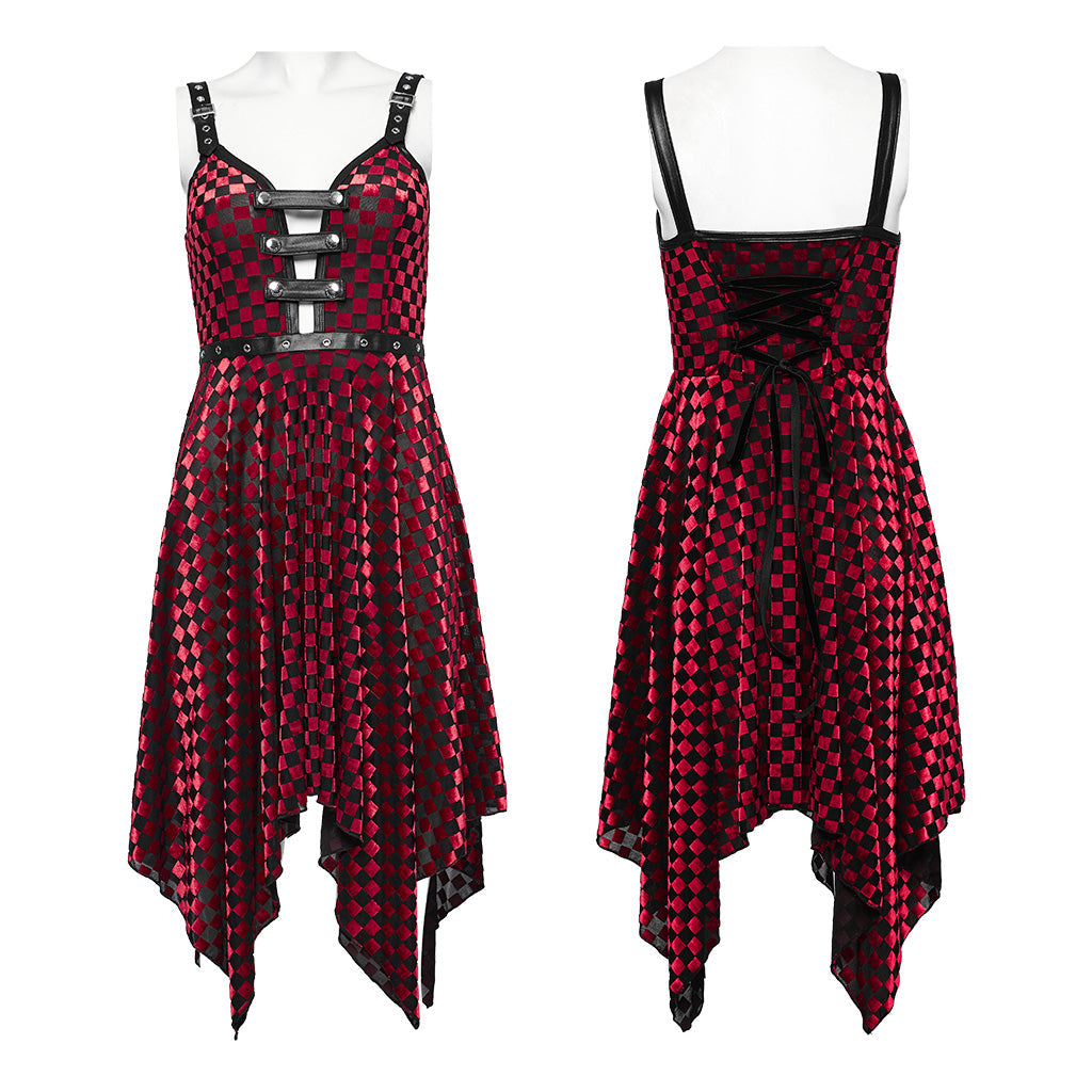 WQ-690LQF Gothic Red Plaid Dress Buckle Details Handkerchief Hem?-??Punk Rave Clothing