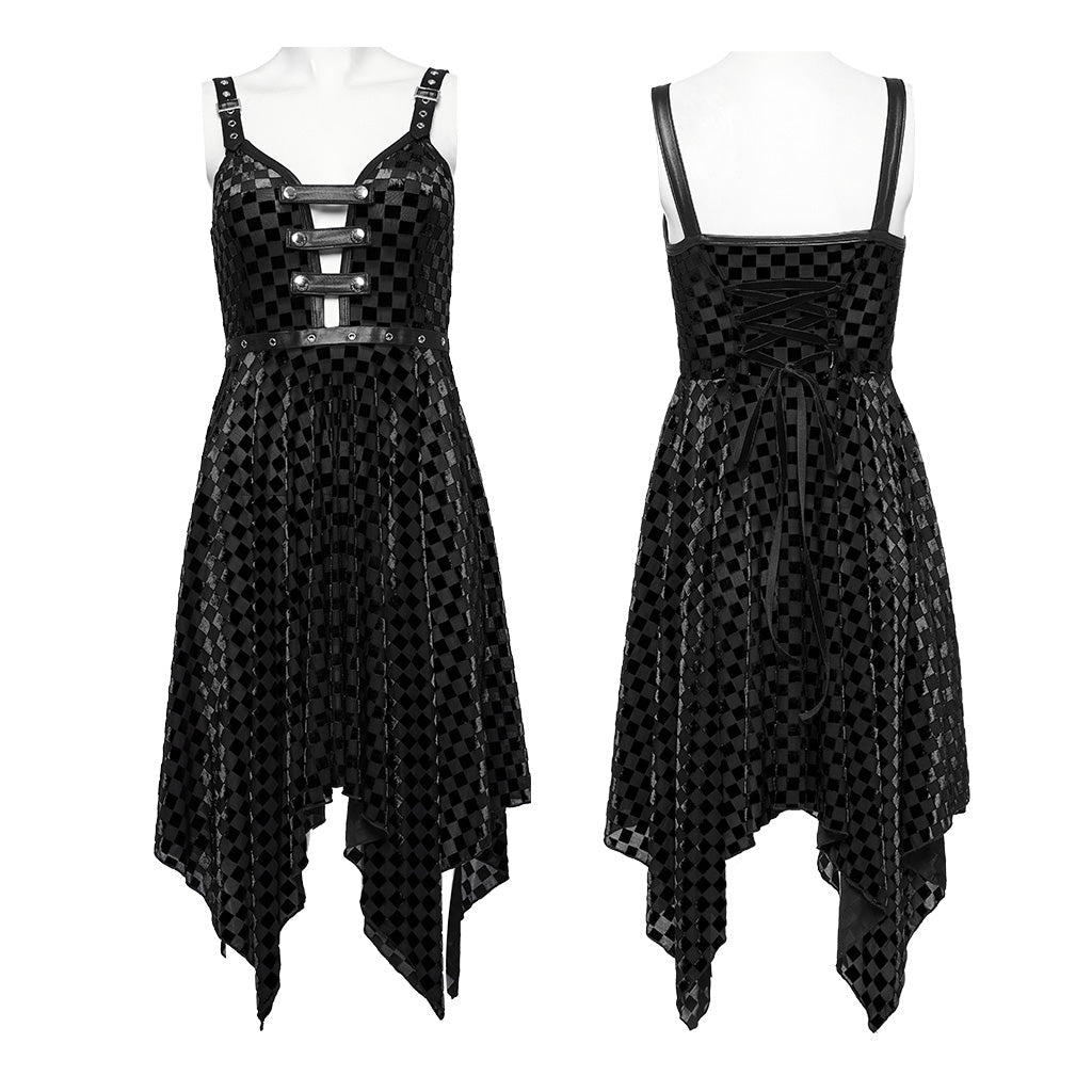 WQ-690LQF Gothic Red Plaid Dress Buckle Details Handkerchief Hem?-??Punk Rave Clothing