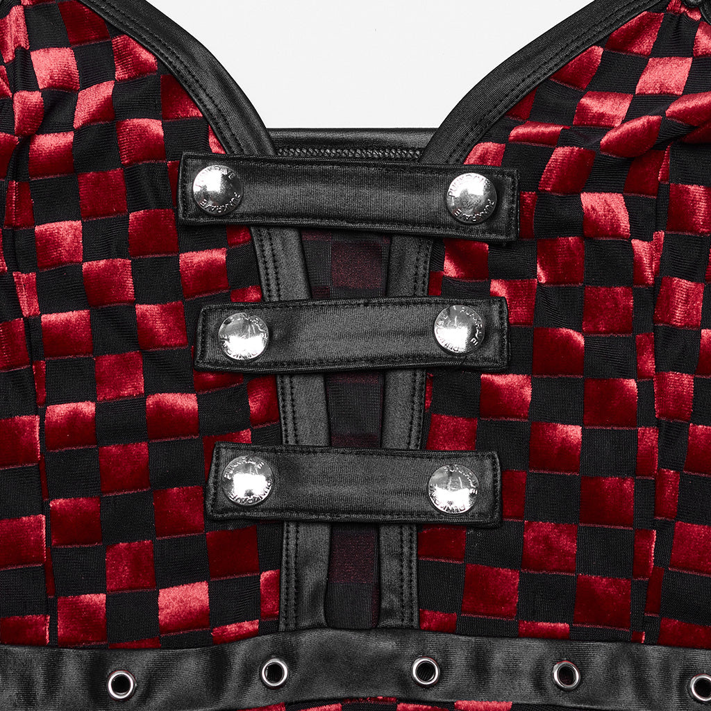 WQ-690LQF Gothic Red Plaid Dress Buckle Details Handkerchief Hem?-??Punk Rave Clothing