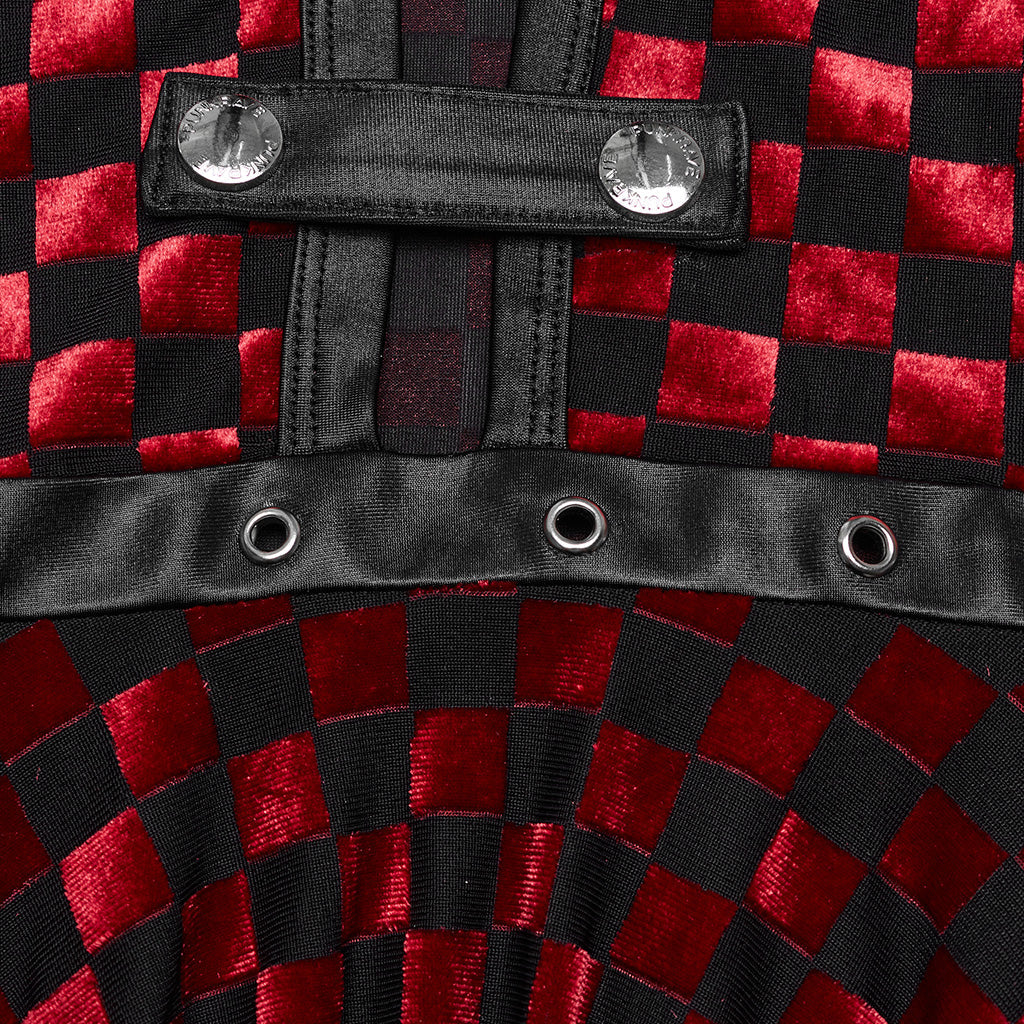 WQ-690LQF Gothic Red Plaid Dress Buckle Details Handkerchief Hem?-??Punk Rave Clothing