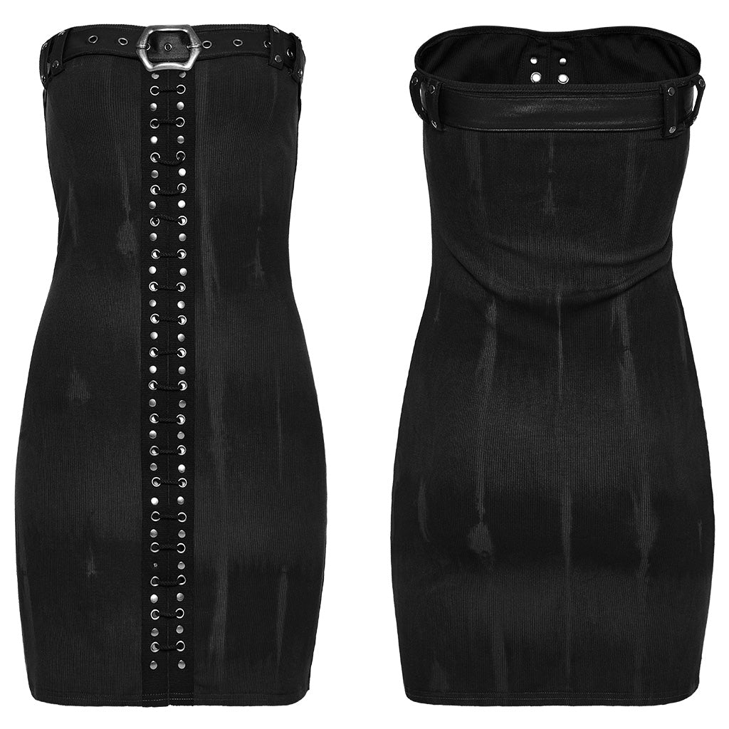 WQ-691LQF Strapless Faux Leather Trim Studded Gothic Punk Dress