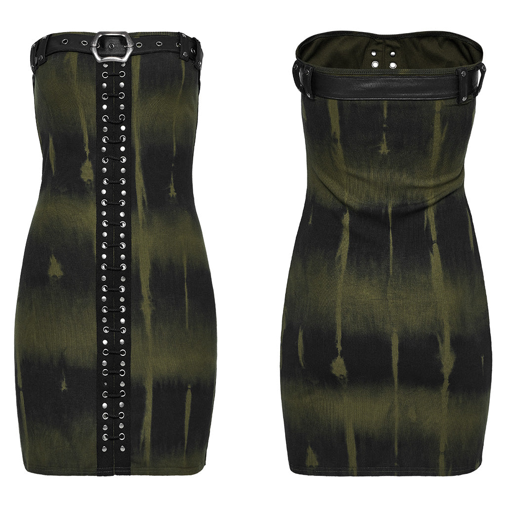 WQ-691LQF Strapless Faux Leather Trim Studded Gothic Punk Dress?-??Punk Rave Clothing