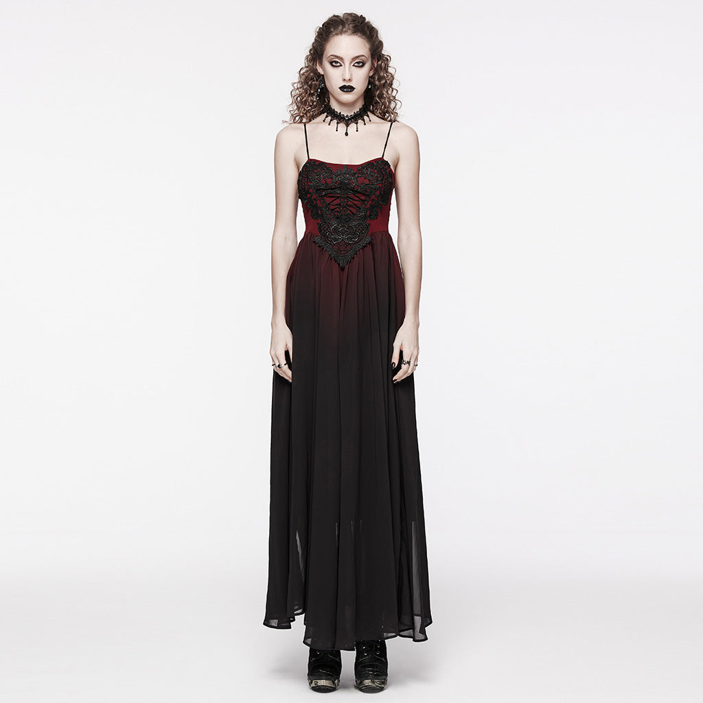 WQ-693LQF Elegant Lace-Trimmed Gothic Dress with Flowy Chiffon Layers