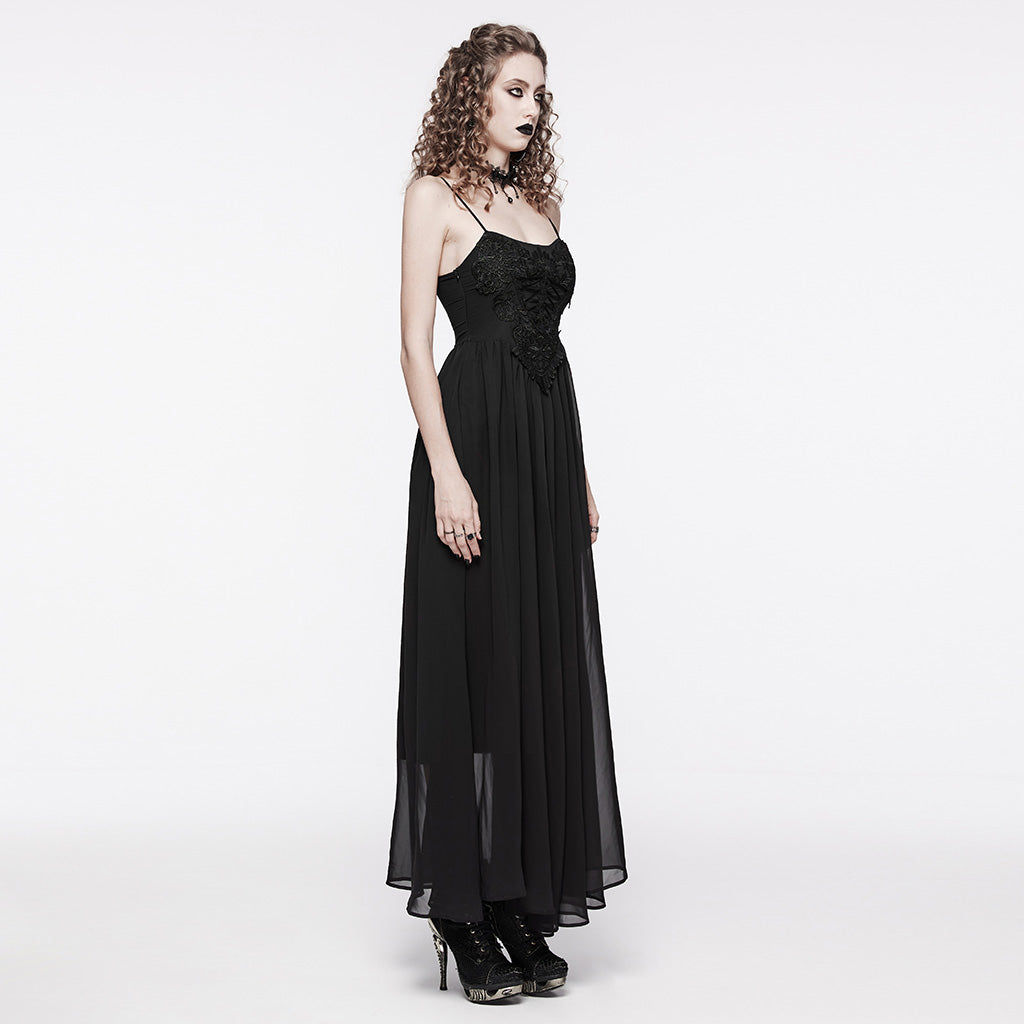 WQ-693LQF Elegant Lace-Trimmed Gothic Dress with Flowy Chiffon Layers