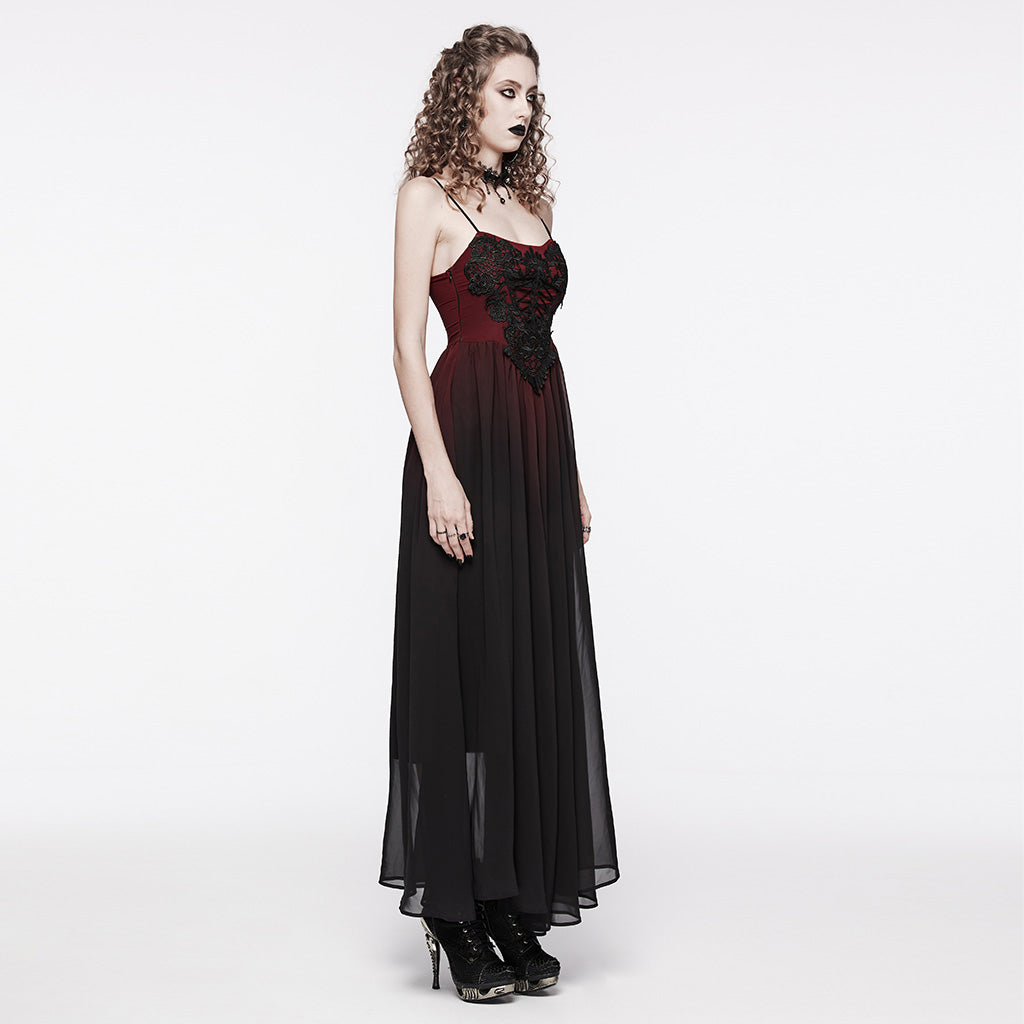 WQ-693LQF Elegant Lace-Trimmed Gothic Dress with Flowy Chiffon Layers