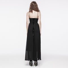 WQ-693LQF Elegant Lace-Trimmed Gothic Dress with Flowy Chiffon Layers