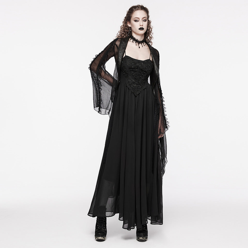 WQ-693LQF Elegant Lace-Trimmed Gothic Dress with Flowy Chiffon Layers