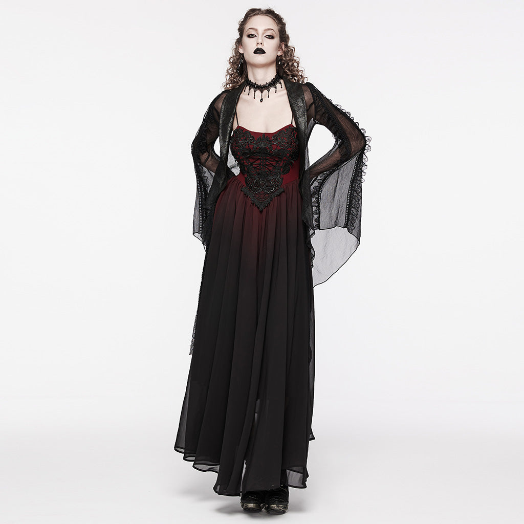 WQ-693LQF Elegant Lace-Trimmed Gothic Dress with Flowy Chiffon Layers?-??Punk Rave Clothing