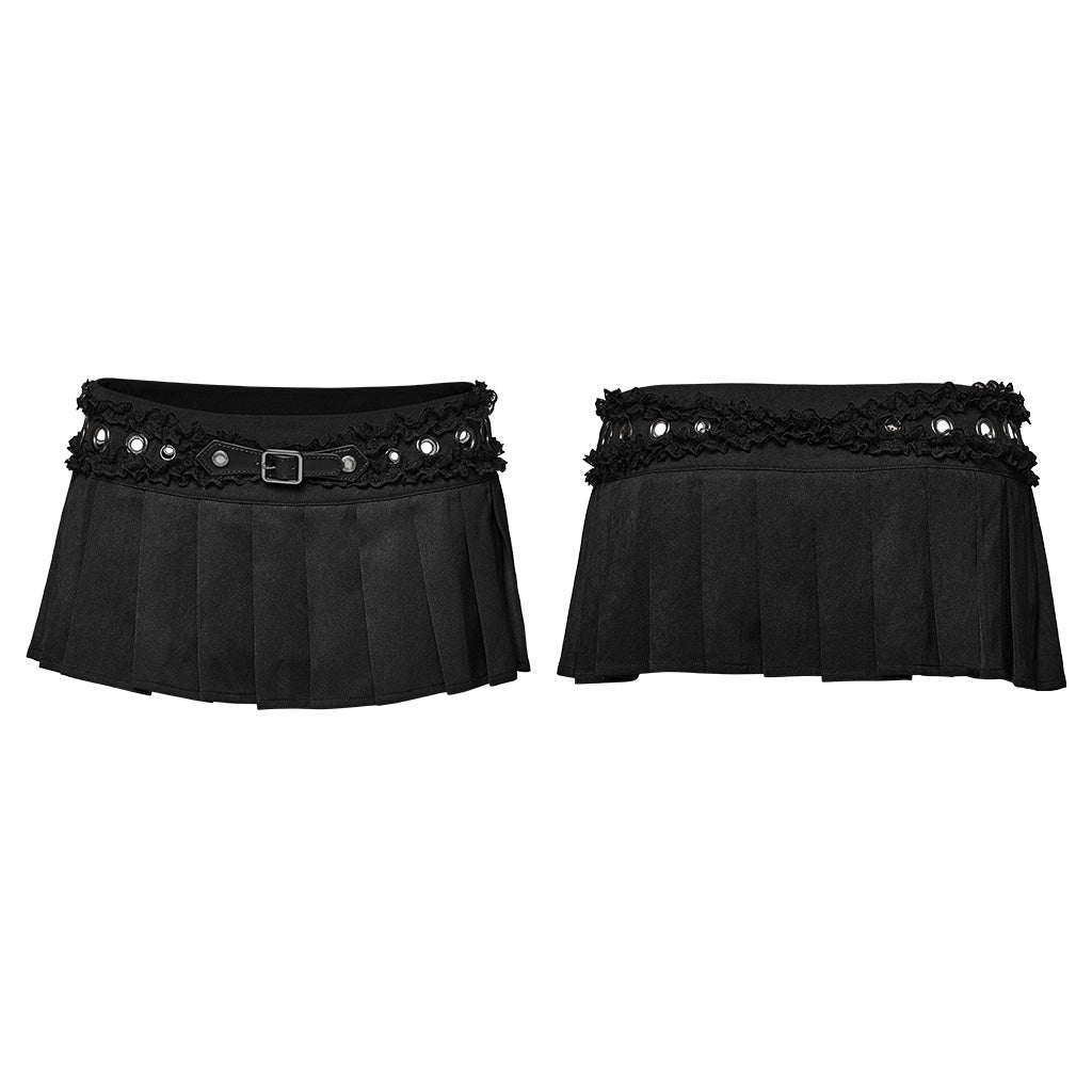 WQ-700DQF Edgy Pleated Punk Skirt with Buckle and Ruffled Trim?-??Punk Rave Clothing