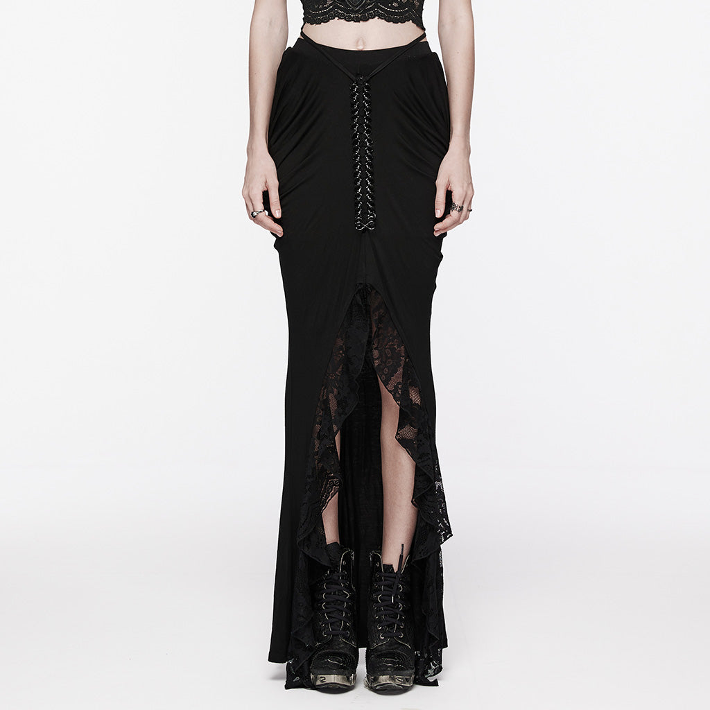 WQ-702BQF Elegant Lace-Up Gothic Skirt with Front Slit Details?-??Punk Rave Clothing