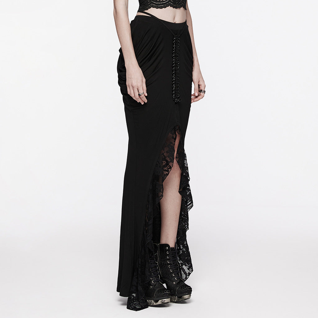 WQ-702BQF Elegant Lace-Up Gothic Skirt with Front Slit Details?-??Punk Rave Clothing