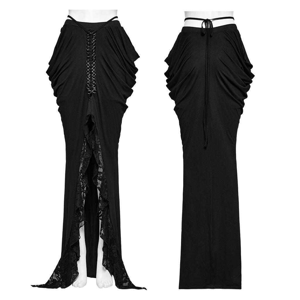 WQ-702BQF Elegant Lace-Up Gothic Skirt with Front Slit Details?-??Punk Rave Clothing