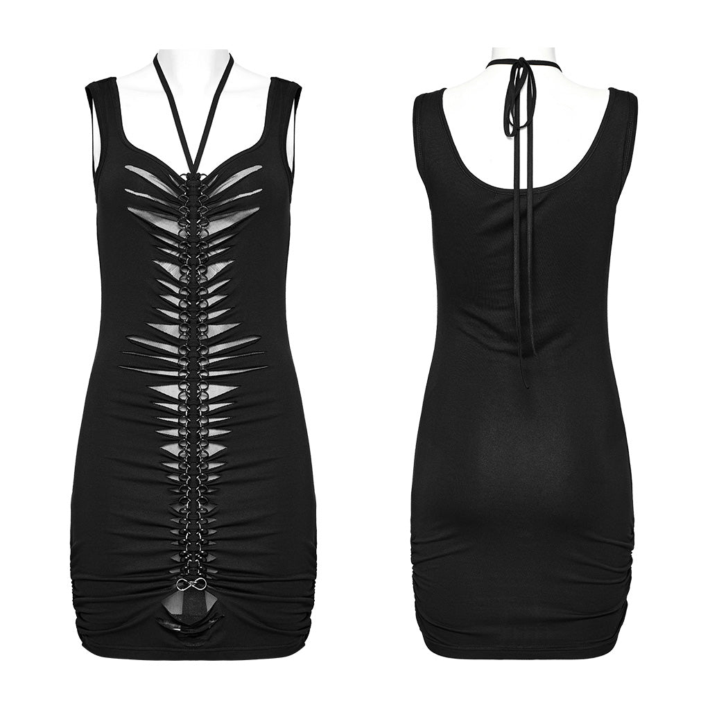 WQ-703LQF Edgy black Cutout Dress with Lace-Up Front Detail