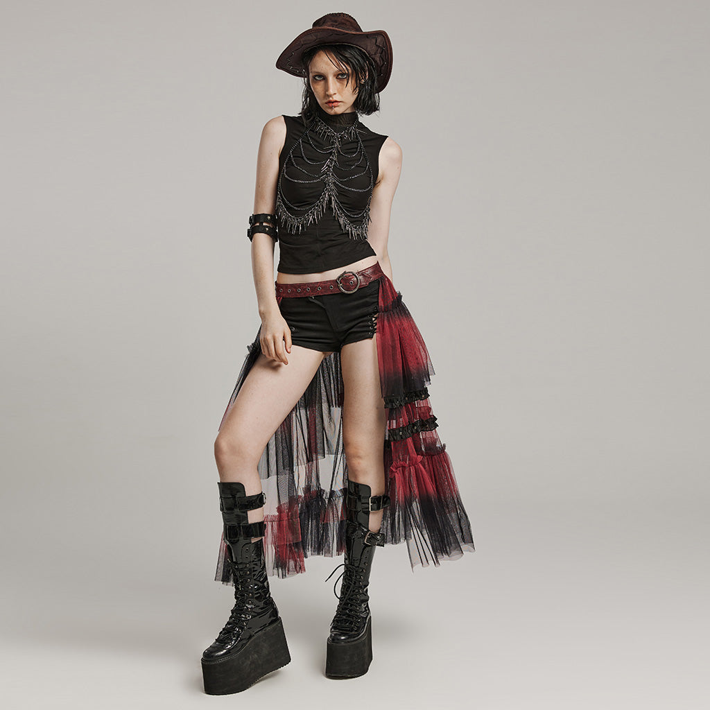 WQ-704BQF Gothic Mesh Layered Tulle Punk Skirt With Belt