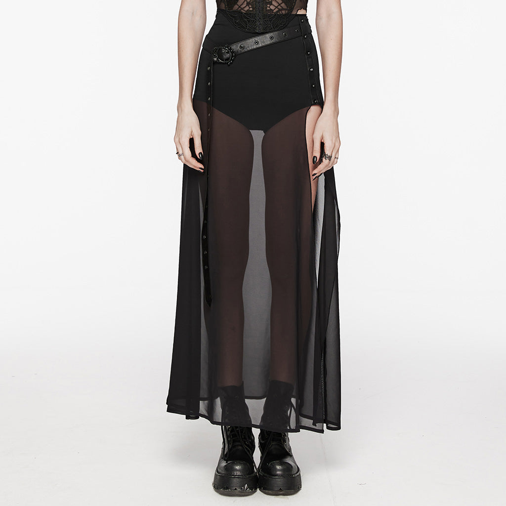 WQ-705BQF Sheer Gothic Skirt with Belted High-Waist Overlay?-??Punk Rave Clothing