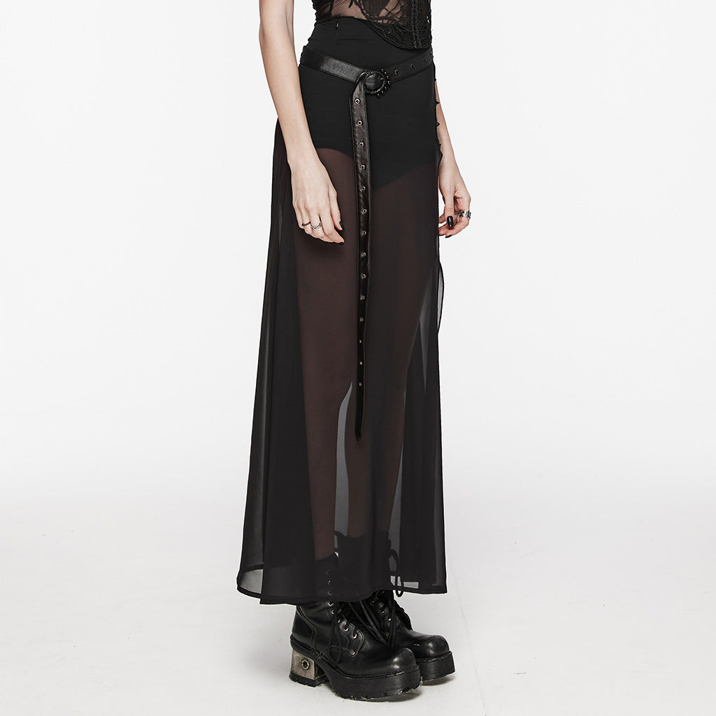 WQ-705BQF Sheer Gothic Skirt with Belted High-Waist Overlay?-??Punk Rave Clothing