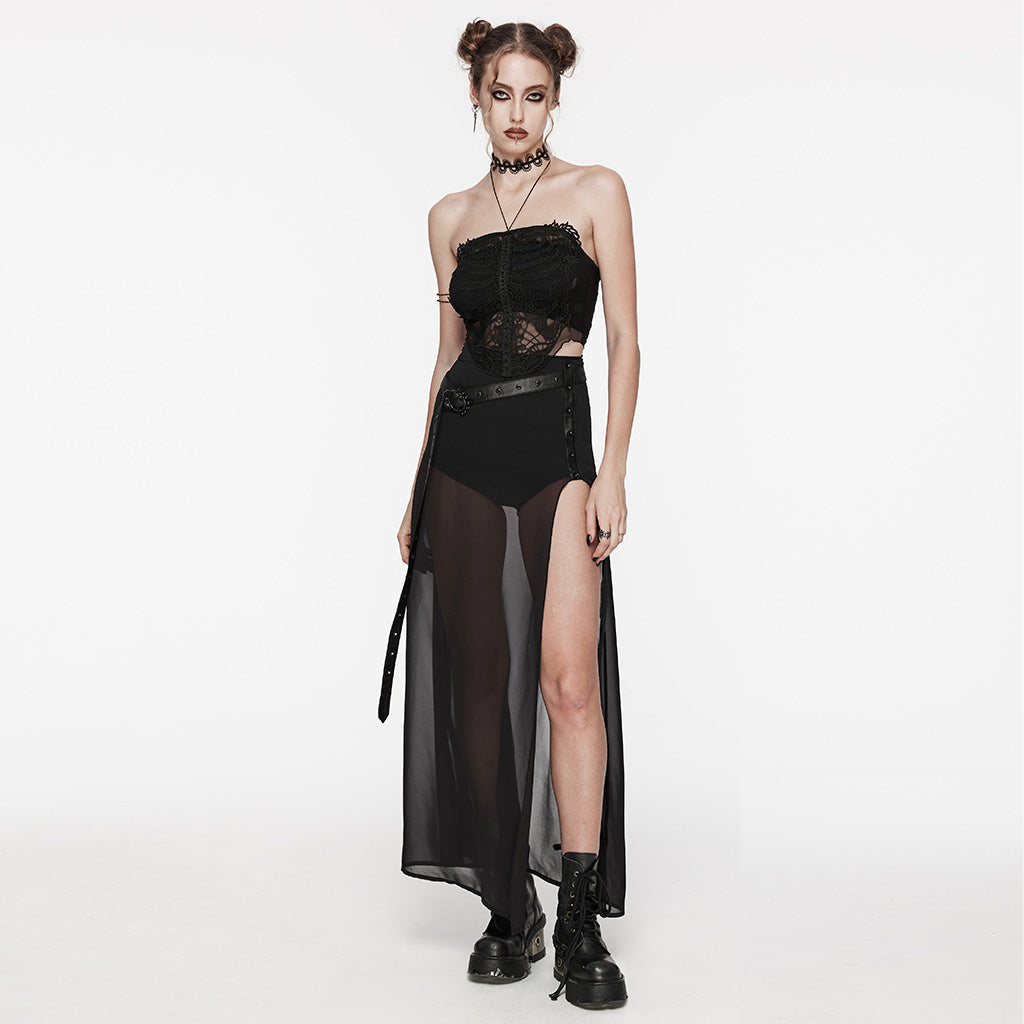 WQ-705BQF Sheer Gothic Skirt with Belted High-Waist Overlay?-??Punk Rave Clothing