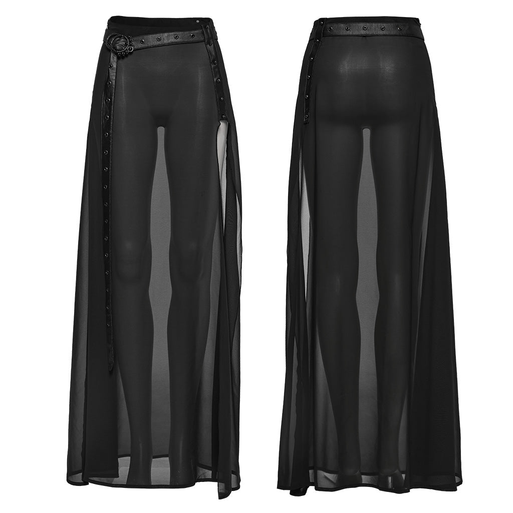 WQ-705BQF Sheer Gothic Skirt with Belted High-Waist Overlay?-??Punk Rave Clothing