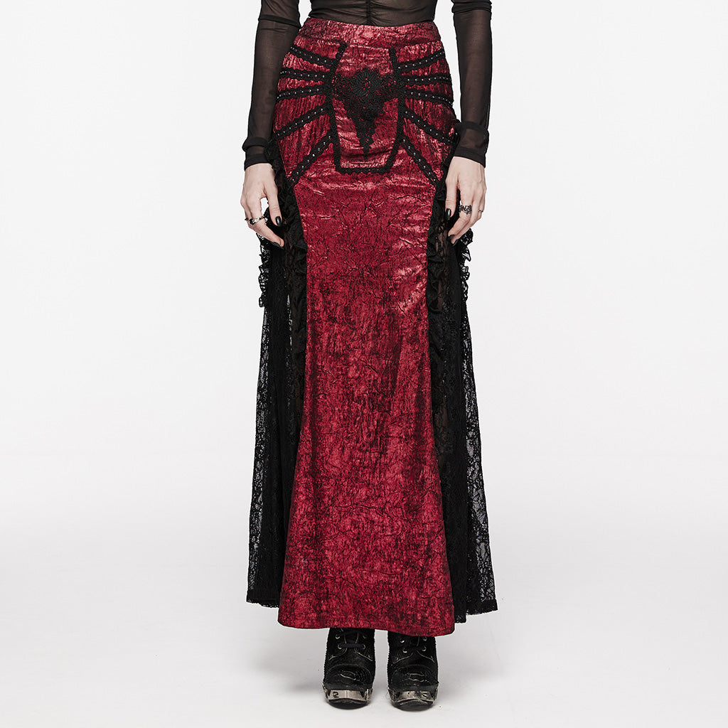 WQ-706BQF Lace Embellished black Maxi Gothic Skirt with Ruffled Sides?-??Punk Rave Clothing