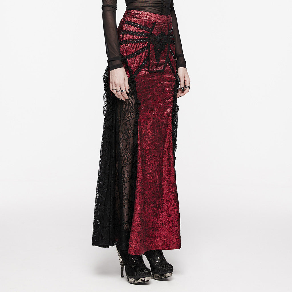 WQ-706BQF Lace Embellished black Maxi Gothic Skirt with Ruffled Sides?-??Punk Rave Clothing